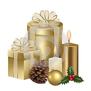 gold gift boxes and candles for christmas cards