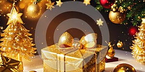 Gold gift boxes and gold glitter particles with bokeh light background,Generative AI