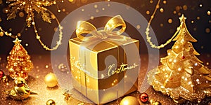 Gold gift boxes and gold glitter particles with bokeh light background,Generative AI