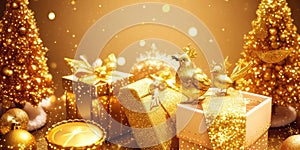 Gold gift boxes and gold glitter particles with bokeh light background,Generative AI