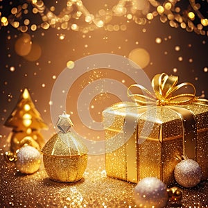 Gold gift boxes and gold glitter particles with bokeh light background,Generative AI