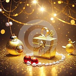 Gold gift boxes and gold glitter particles with bokeh light background,Generative AI