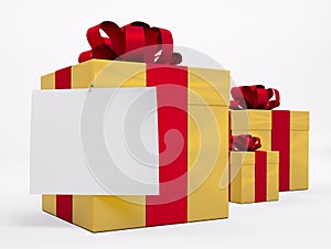 Gold gift boxes with red ribbon 3d
