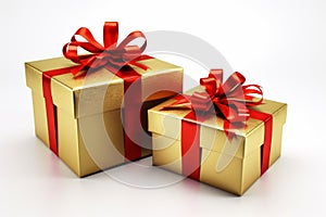 Gold gift boxes red ribbon. Generate Ai