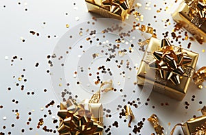 gold gift boxes on white background with bows and confetti