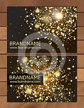 Gold Gift Business card template with abstract pattern, glitter dust, sparkling, twinkling stars. Cosmic atmosphere background, un