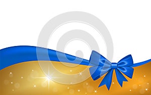Gold gift card with blue ribbon bow, isolated on white background. Decoration stars design for Christmas holiday