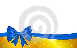 Gold gift card with blue ribbon bow, isolated on white background. Decoration stars design for Christmas holiday