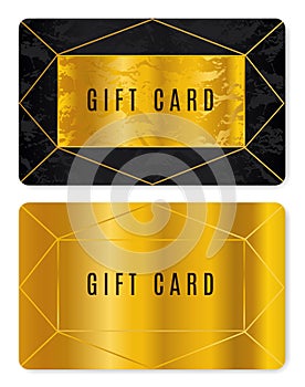 Gold gift card design. Discount card with golden and black marble pattern and geometric lines triangle shapes
