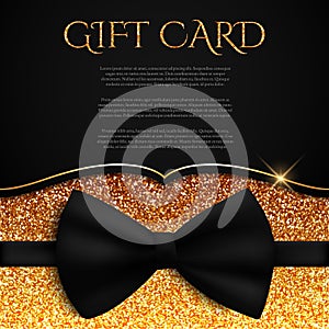 Gold gift card with glitter and bow tie, gift, voucher, certificate, vector illustration