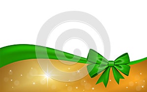 Gold gift card with green ribbon bow, isolated on white background. Decoration stars design for Christmas holiday