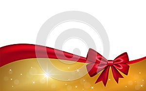 Gold gift card with red ribbon bow, isolated on white background. Decoration stars design for Christmas holiday