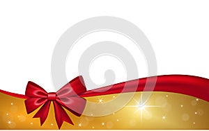 Gold gift card with red ribbon bow, isolated on white background. Decoration stars design for Christmas holiday