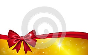 Gold gift card with red ribbon bow, isolated on white background. Decoration stars design for Christmas holiday