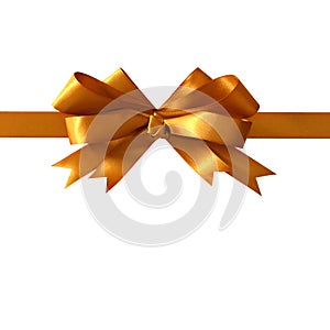 Gold gift ribbon bow straight horizontal isolated on white background