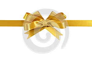 Gold gift ribbon bow straight horizontal isolated on white background