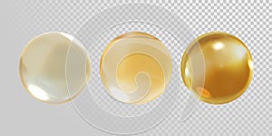 Gold glass ball isolated on transparent background. 3D realistic vector golden oil vitamin E pill capsule crystal glass ball