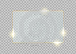 Gold glass frame. Rectangle golden glow border. Luxury vector realistic shiny button.