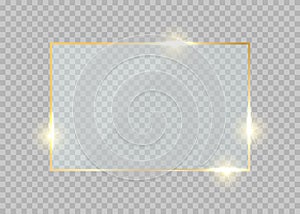 Gold glass frame. Rectangle golden glow border. Luxury vector realistic shiny button
