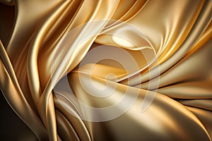 Gold glistening fabric background with wrinkles and folds,soft light, elegant, wavy wallpaper. Generative AI