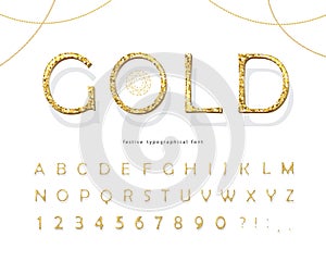 Gold glitter 3d font. Luxury golden colored ABC letters and numbers. Elegant glamour alphabet for holidays design. Vector