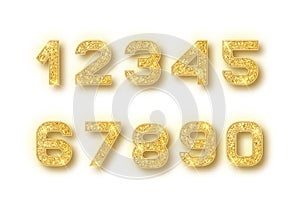 Gold glitter alphabet numbers set with shadow. Vector realistick shining golden font number 1,2,3,4,5,6,7,8,9,0 of