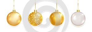 Gold glitter balls. Christmas garland. Xmas bauble. Hang Holiday toy. Luxury design element. Glass round New Year gift