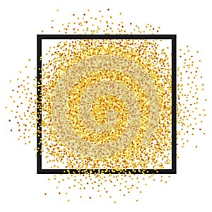 Gold glitter with black frame. Golden sparkles. Glowing texture confetti  sequins  dust spray. Star dust texture  light effect.