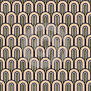 Gold glitter, black and white fish scale geometric seamless pattern background