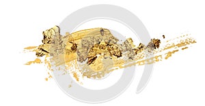 Abstract torn piece of potal paper on white background. Gold and bronze color photo