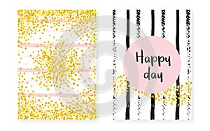 Gold glitter cards with dots and sequins. Wedding and bridal shower invitation set with confetti.