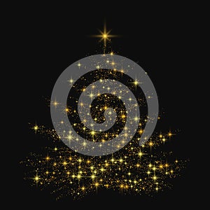 Gold glitter Christmas tree. Vector light effect