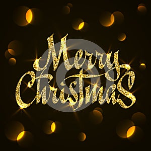 Gold glitter Christmas typography, handwriting. Merry Christmas greeting card with bokeh.