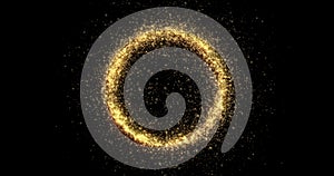 Gold glitter circle with glittering light shine sparkles frame on black background for Christmas holiday. Abstract magic glow of