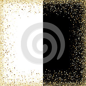 Gold glitter confetti frame for festive greeting card. Vector holiday template with sparkles on black background.