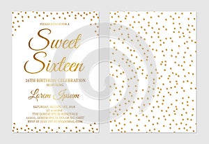 Gold glitter confetti Sweet Sixteen invitation card front and back side. Golden polka dots girl s 16th birthday party invite flyer