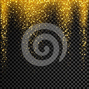 Gold glitter confetti on transparent background. Vector star sparkle rain with glowing shine splatter