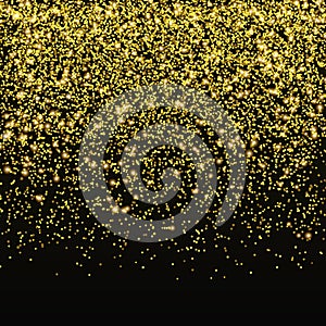 Gold glitter confetti vector. Falling golden star dust isolated on black background. Christmas shine