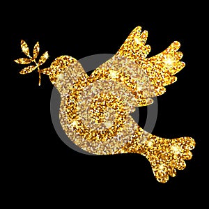 Gold glitter dove on black background. Silhouette pigion. Symbol peace.