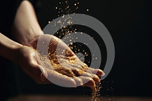 Gold glitter dust spilling through fingers , created with Generative AI technology