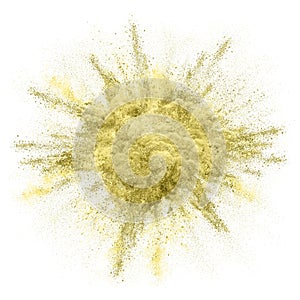 Gold glitter explosion, golden powder splash sparkling glow background. Gold shimmer glow or particles explode splash