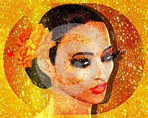 Gold glitter and foil, 3d render digital art image of woman`s face close up.