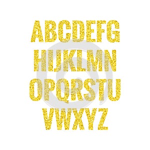 Gold glitter font alphabet. Shiny sans serif typeface