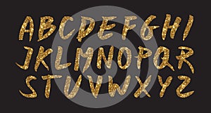 Gold glitter font brush on black background, golden vector cmyk illustration, glossy printing template.