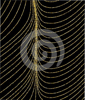 Gold glitter garlands hanging background vector illustration. Golden dust elements falling down, flying circle confetti lines.
