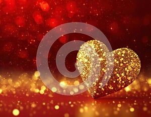 Gold glitter heart greeting card background for Valentines Day on red backdrop and shiny bokeh lights