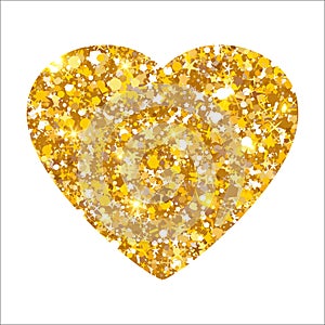 Gold glitter heart. Luxury shimmer heart shape. Sparkling symbol of love.