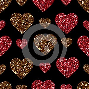 Gold glitter heart seamless pattern. Symbol of love, Valentine day holiday. Design wallpaper, background, fabric texture