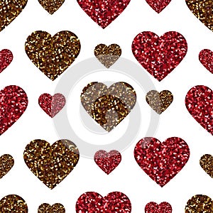 Gold glitter heart seamless pattern. Symbol of love, Valentine day holiday. Design wallpaper, background, fabric texture