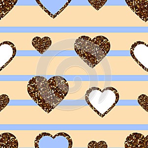 Gold glitter heart seamless pattern. Symbol of love, Valentine day holiday. Design wallpaper, background, fabric texture